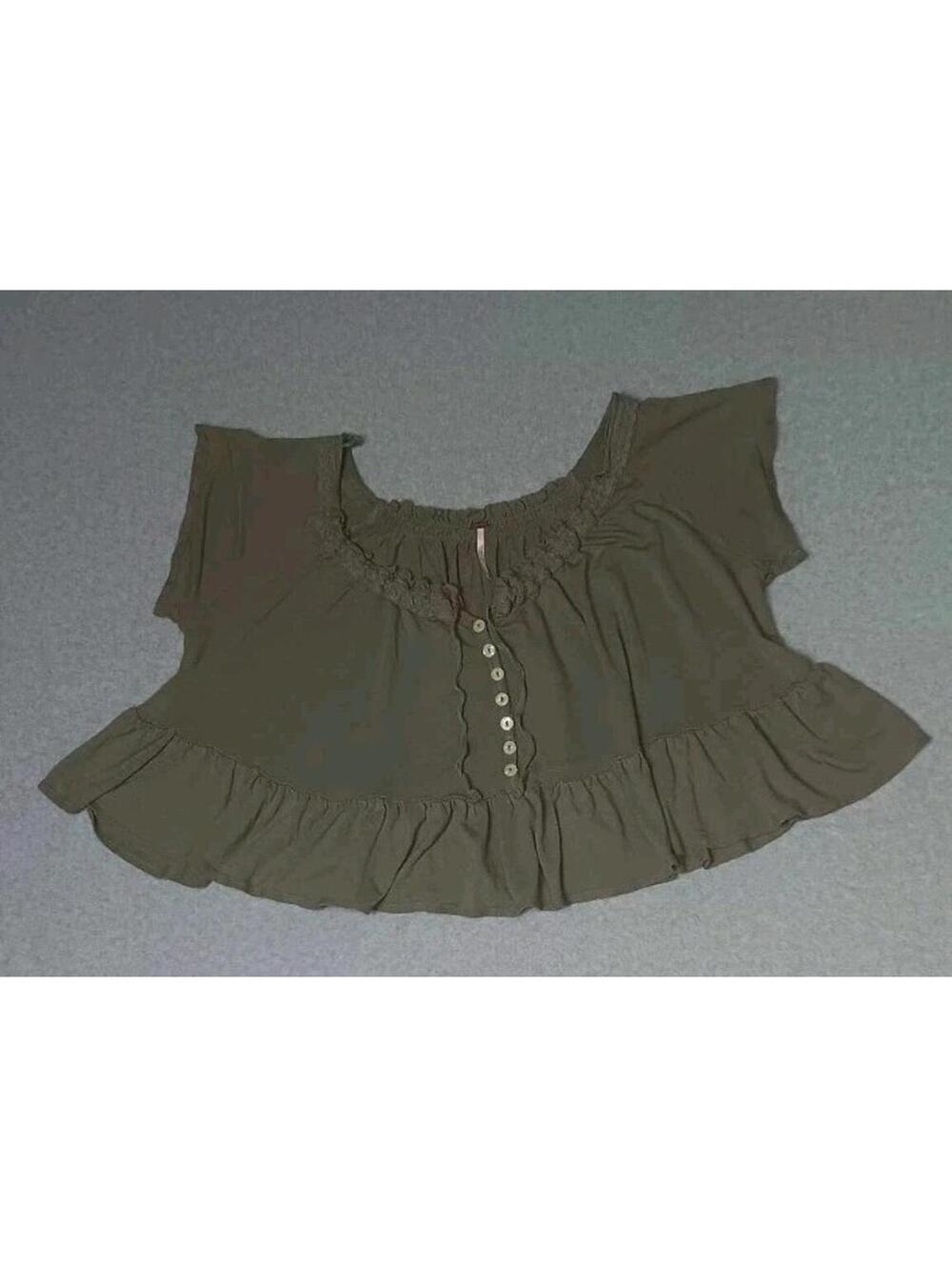 Free People Cropped Short Sleeve Blouse Womens Size XS Sage Green Partial Button - Picture 1 of 11